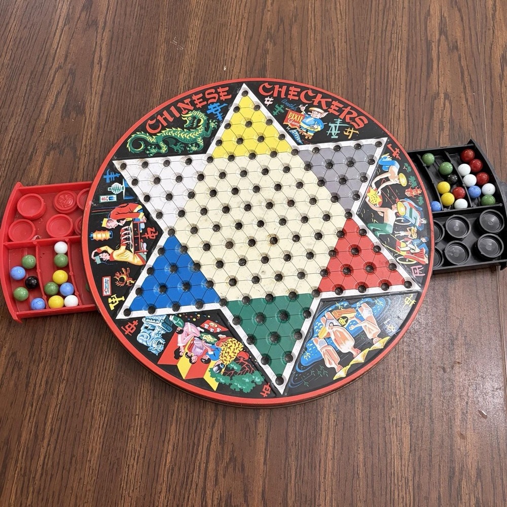 Vintage Steven Pixie Game Chinese Checkers & Checkers Round Metal Board Retro